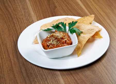 Eggplant caviar with chips. close upの写真素材