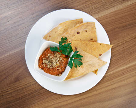 Eggplant caviar with chips. close upの写真素材