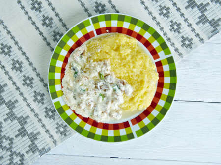 Banusz -  traditional dish of Hutsuls.Carpathian highlanders.corn porridge made with bacon, mushrooms and cream sauceの写真素材