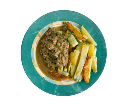 Stoofvlees - Dutch Stoverij, traditional Belgian and French Flemish sweet-sour beef and onion stew .