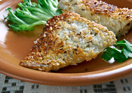 Coconut Crusted Fish - fried fish in coconut flakes. the island of Nauru, South Pacificの写真素材