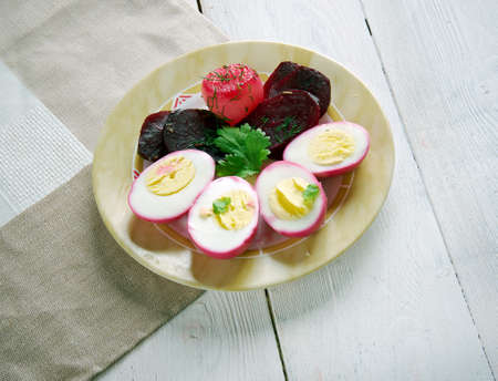 Pennsylvania Dutch Pickled Beets and Eggs.hard boiled eggs that are cured in a brine of beets. Cuisine of the Midwestern United States.の写真素材
