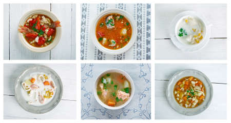 Food set of different traditional soups. collageの写真素材