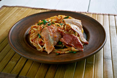 Spaghetti allamatriciana with bacon.traditional Italian pasta sauceの写真素材