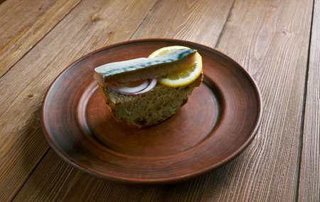 Soft pickled mackerel on toastの写真素材