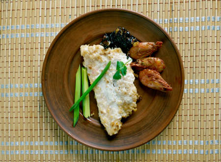 Pompano en Papillote cod with shrimp dish in New Orleansの写真素材