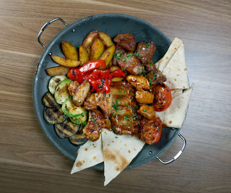 Shashlik  - shish kebab. Various types  mat roasted with vegetable closeupの写真素材