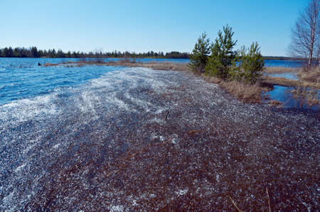 Russian  Spring landscape with flooded.icy slush on the water of the lake. close upの写真素材