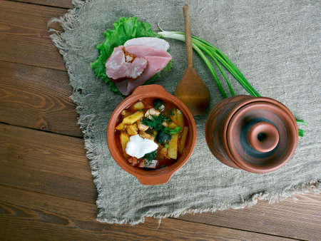 Seljanka a thick, spicy and sour Russian soup. ingredient being either meat, fish, or mushrooms. All of them contain pickled cucumbers with brine, and often cabbage, salted mushrooms, smetana (sour cream),の写真素材