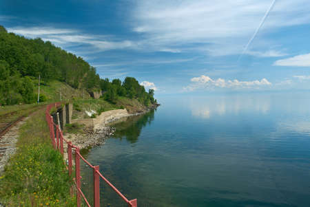 Circum-Baikal railroad on the coast of Lake Baikal.の写真素材
