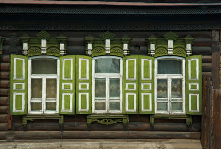 Ulan-Ude city. Carving on the window frames in old wooden house  Russia. July 25, 2016の写真素材