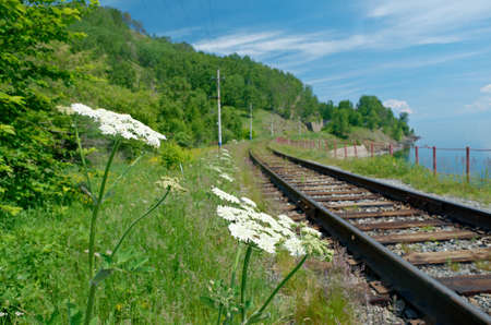Circum-Baikal railroad on the coast of Lake Baikal.の写真素材