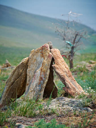 Ovoo  sacred stone heap .Ogoy Island- largest island in the Maloe More strait of Lake Baikal.の写真素材