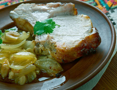 Pork loin in mustard honey sauce with honey sauce - pechenya. Carpathian cuisineの写真素材