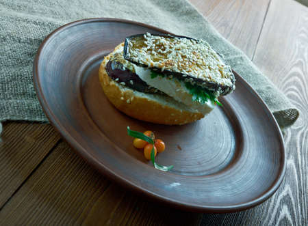 Grilled Eggplant and Portobello  Sandwich. close upの写真素材