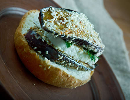 Grilled Eggplant and Portobello  Sandwich. close upの写真素材
