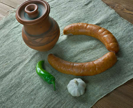Krakowska Polish sausage kielbasa. made from cuts of lean pork, seasoned with pepper, allspice,...