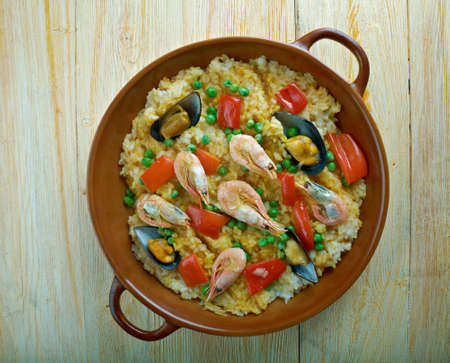 Paella de Catalan traditional seafood dish from north east Spainの写真素材