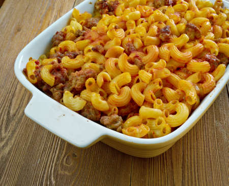 Johnny Marzetti Casserole. Midwestern Italian American pasta dish consisting of noodles, cheese, ground beef, and a tomato sauceの写真素材