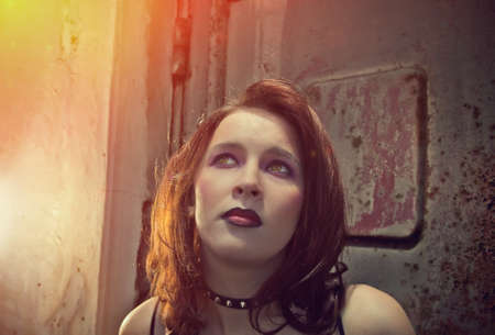 emo girl with beautiful hair on  Grunge backgroundの写真素材