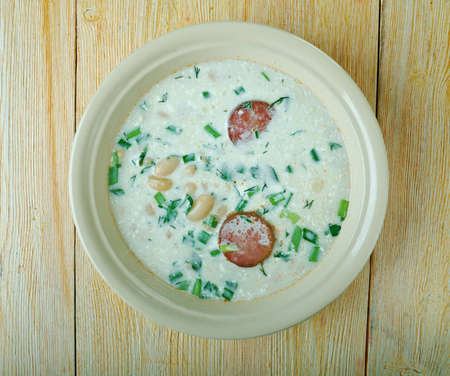 Soup with beans, sour cream and sausage - pidbivana pasulja,pikniceju. Transcarpathian cuisineの写真素材