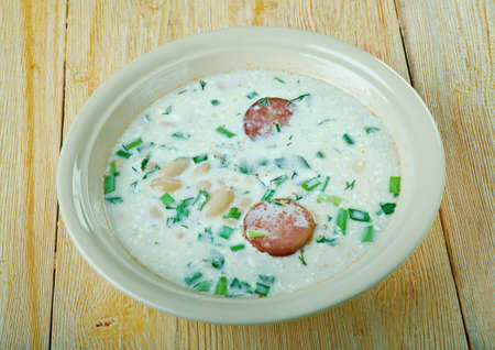 Soup with beans, sour cream and sausage - pidbivana pasulja,pikniceju. Transcarpathian cuisineの写真素材