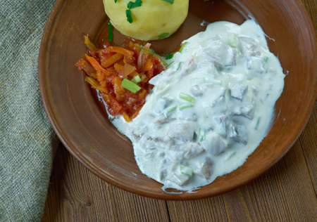 Scandinavian pickled  herring parfait. close upの写真素材