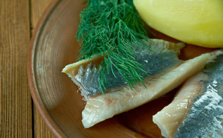 sillilautanen - 	plate of assorted herring - Finnish traditional dinnerの写真素材