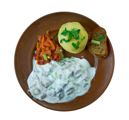 Scandinavian pickled  herring parfait. close upの写真素材