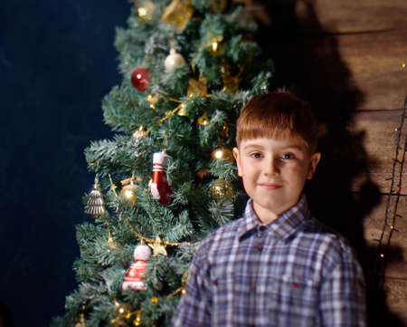 Happy little Boy decorate Christmas tree in beautiful living room with traditional fire place.の写真素材