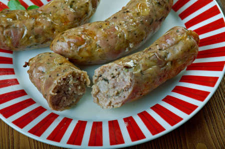 Traditional Homemade Oxford Sausages - istinctive variety of pork and veal sausage developed in, the English city of Oxford.の写真素材