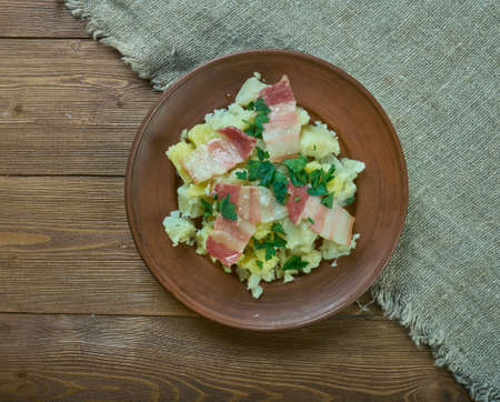 Gwledd y Cybydd - Welsh Misers Feast, traditional Welsh recipe for a classic, frugal supper of potatoes, onions and bacon rashers boiledの写真素材