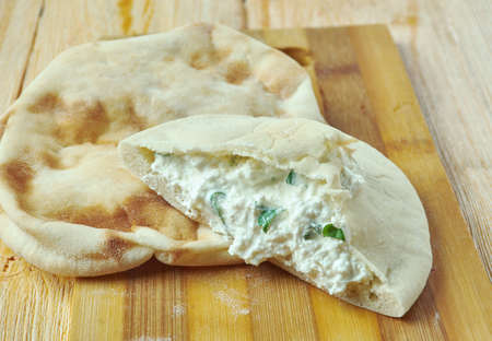 Mediterranean Turkey Pita Pockets with brynza cheese and yoghurt close up