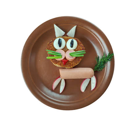 creative food concept  - cat made of burger, sausages, radishes and dill. kids menuの写真素材
