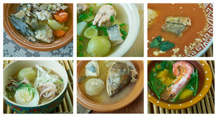 Food set of different fish soup . collage
