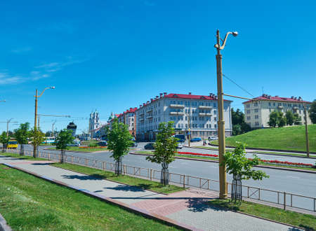View of a narrow street in Grodno, Belarus,historic centerの写真素材