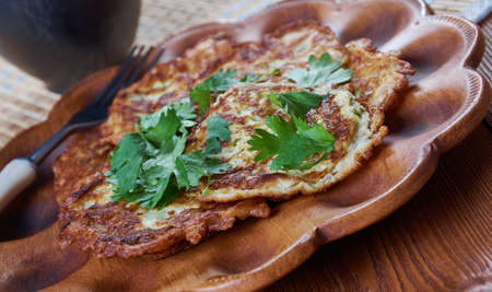 Kabak  Mucver - Turkish fritter, similar to a pancake, made from grated zucchini, courgette or potatoes, egg, onion, dill, cheese and flour.の写真素材