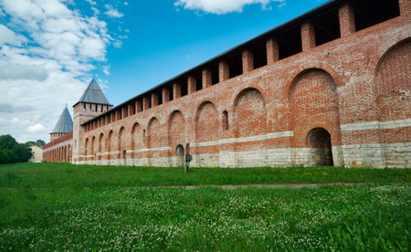 South wall three towers of Smolensk Kremlin, Smolensk, Russia.のeditorial素材