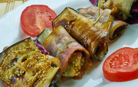 Italian Eggplant wraps with prosciutto and mozzarellaの写真素材