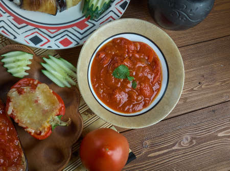 Turkish cuisine.  Muhammara - hot pepper dip originally from, Top view. Eastern foodの写真素材