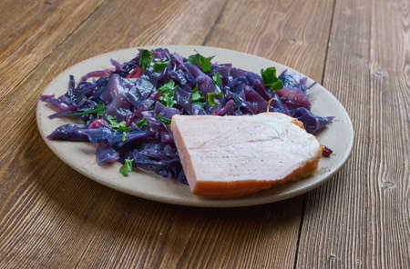 Slow-cooked pork & red cabbage , close upの写真素材