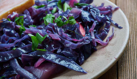 Slow-cooked pork & red cabbage , close upの写真素材