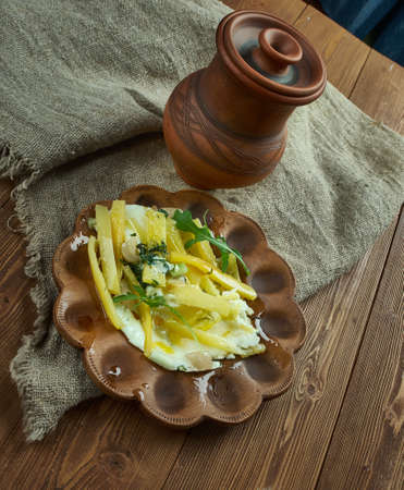 Balkan Breakfast, Scrambled eggs with bacon and vegetablesの写真素材