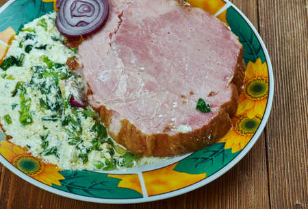 Boiled Bacon And Parsley Sauce, close up mealの写真素材