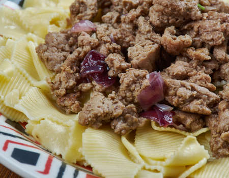 Azerbaijani Guru Khingal - Caucasian pasta with fried chopped meat.