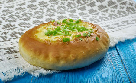 Cheesy Green Onion Pancake, close up の写真素材
