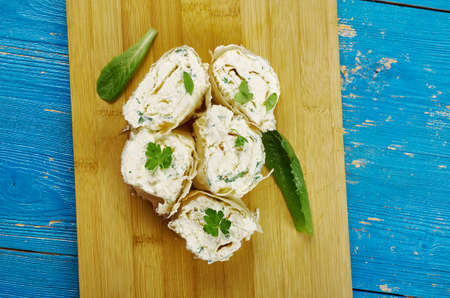 Lavash with feta cheese and greens , の写真素材