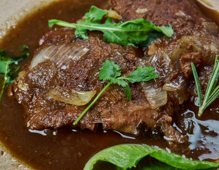 entrecote sauce bordelaise marmiton . Traditional assorted French  dishes Top view.European foodの写真素材