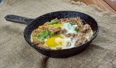 Stoved Howtowdie wi Drappit Eggs - Scottish dish of minced meat and eggsの写真素材
