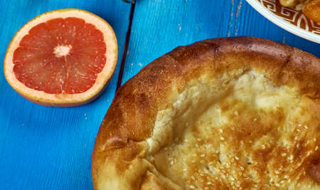Maghreb cuisine . Traditional Moroccan bread , Top view.の写真素材